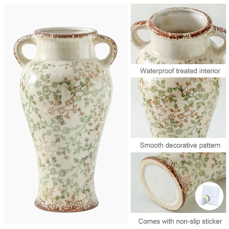 Enra Farmhouse Vintage vase with Handle 12.6 in Ceramic Chinoiserie Floral Vase Green and Beige Decorative Flower vase Large Rustic Vases for Home Decors  Living Room  Bookshelf  Office - Image 4